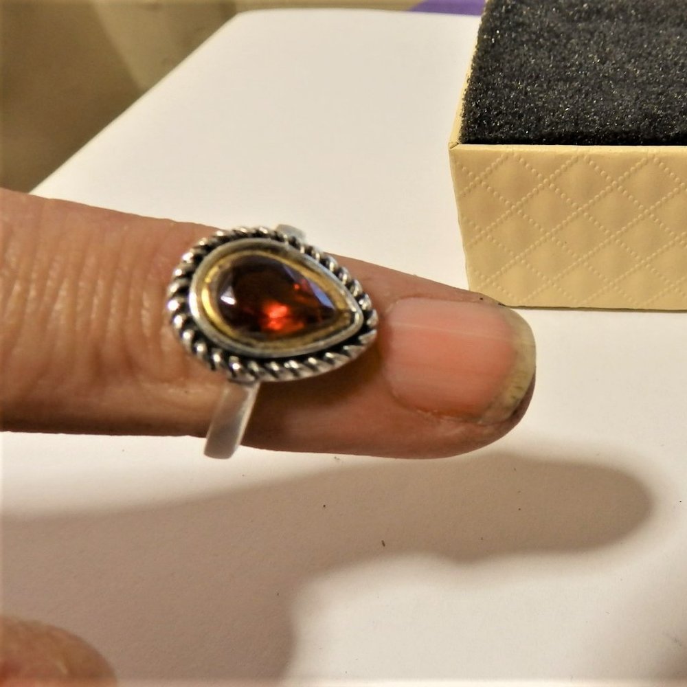 Red garnet pear ring Gold and silver tone mixed metal